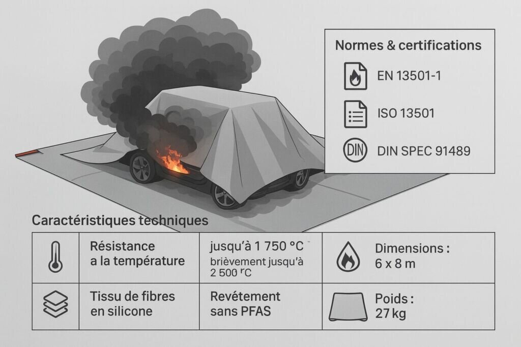 Caractéristiques techniques de la couverture anti-feu lithium pour véhicule électrique 6 x 8 m